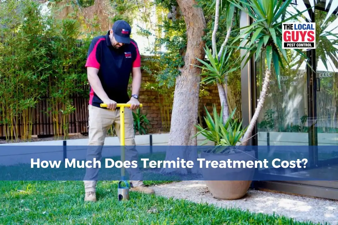 Man using a termite detection tool in a garden, with the text overlay "How Much Does Termite Treatment Cost?" and The Local Guys Pest Control logo.